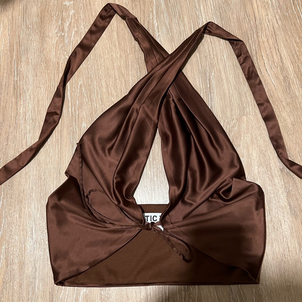 Brown Silk Cross Front Crop Top